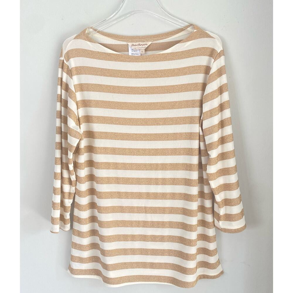 Norm Thompson Acetate Stripe Long Sleeve Top Cream Gold Shimmer Size XL Mob Wife